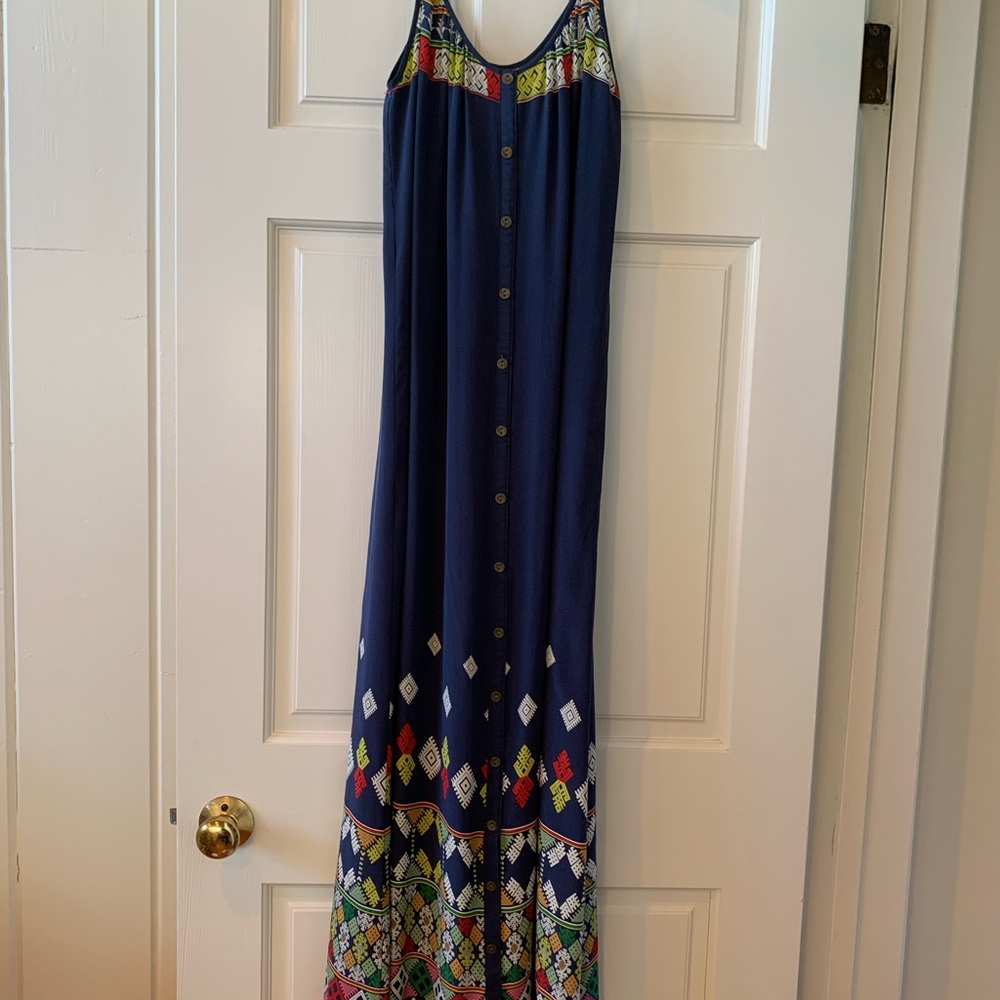 NWOT Boho Navy Silk Maxi Dress Twelfth Street by Cynthia Vincent Size Petite